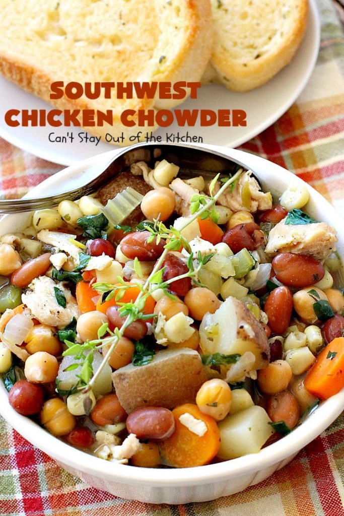 Southwest Chicken Chowder | Can't Stay Out of the Kitchen | this delicious #soup is chocked full of veggies like #corn, red #potatoes, #garbanzo & #pinto beans. The #TexMex flavors are awesome yet not so spicy that kid's can't enjoy it. It's terrific for cold winter nights. #chicken #glutenfree #dairyfree #cleaneating