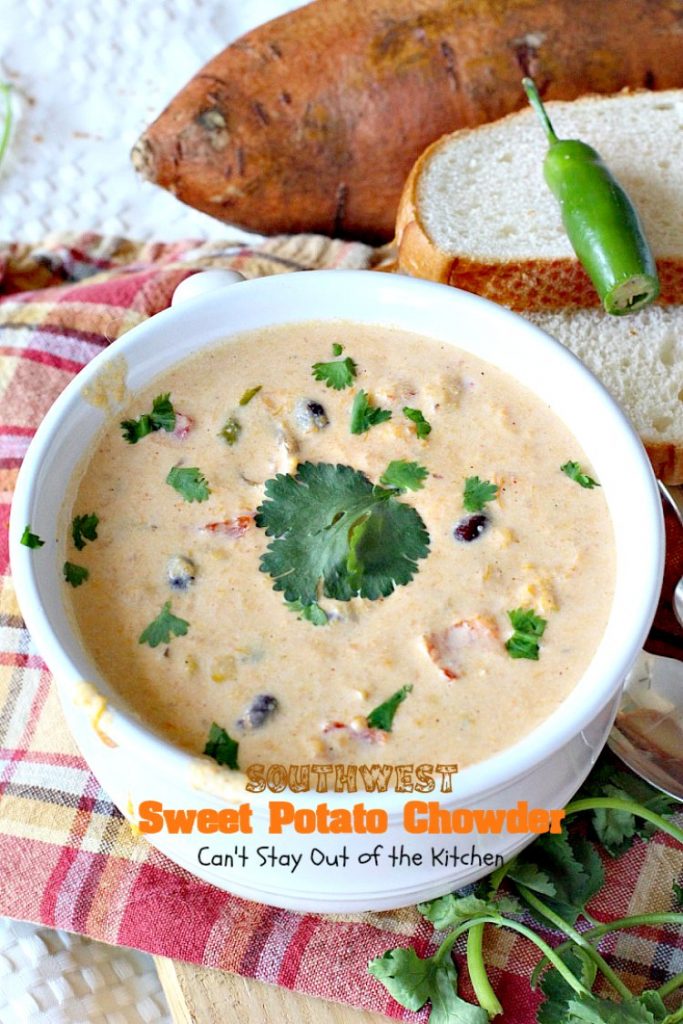 Southwest Sweet Potato Soup | Can't Stay Out of the Kitchen | creamy #soup is healthy & delicious. Filled with #sweetpotatoes #blackbeans #corn & #TexMex seasonings. Amazing comfort food.