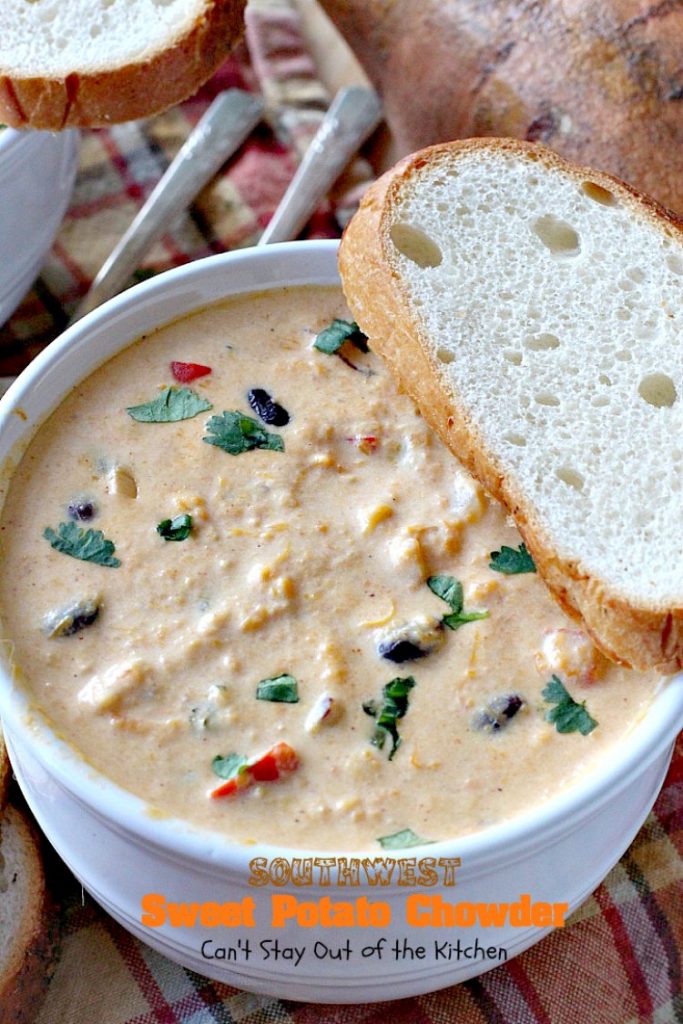 Southwest Sweet Potato Soup | Can't Stay Out of the Kitchen | creamy #soup is healthy & delicious. Filled with #sweetpotatoes #blackbeans #corn & #TexMex seasonings. Amazing comfort food.
