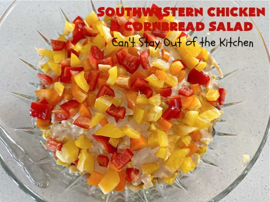 Southwestern Chicken and Cornbread Salad | Can't Stay Out of the Kitchen | this fantastic #TexMex #salad includes #chicken, #cornbread, #beans, #corn, #tomatoes & #olives & #SpicyRanchDressing. It's a great salad to serve as a #MainDish during the hot days of summer. This scrumptious #recipe is delightful for company gatherings & potlucks. #HiddenValley #SouthwesternChickenAndCornbreadSalad