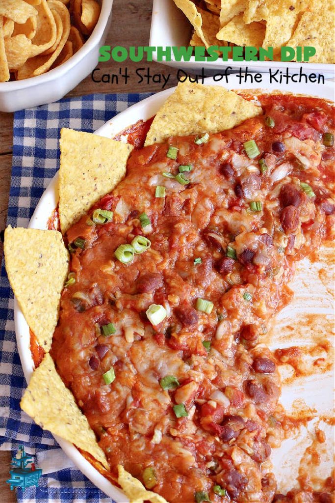 Southwestern Dip | Can't Stay Out of the Kitchen | this fantastic #TexMex #appetizer is quick & easy to make up. It's terrific to serve for #tailgating or office parties, potlucks or summer #holiday fun like #CincoDeMayo, #FourthOfJuly or #LaborDay. Serve with #Fritos or #TortillaChips. Every bite will knock your socks off! #GlutenFree #MontereyJackCheese #ChiliWithBeans #GreenChilies #TexMexDip #SouthwesternDip #TexMexAppetizer