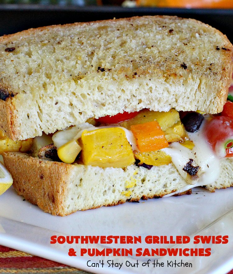 Southwestern Grilled Swiss and Pumpkin Sandwiches | Can't Stay Out of the Kitchen | I loved these fantastic #sandwiches. They have delicious #TexMex flavors with the addition of #SwissCheese & roasted #pumpkin. Every bite will have you drooling. If you can't locate pumpkin, substitute #ButternutSquash with equally great results. #GrilledCheese #SouthwesternGrilledCheeseAndPumpkinSandwiches #BlackBeans #Corn