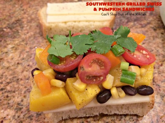 Southwestern Grilled Swiss and Pumpkin Sandwiches | Can't Stay Out of the Kitchen | I loved these fantastic #sandwiches. They have delicious #TexMex flavors with the addition of #SwissCheese & roasted #pumpkin. Every bite will have you drooling. If you can't locate pumpkin, substitute #ButternutSquash with equally great results. #GrilledCheese #SouthwesternGrilledCheeseAndPumpkinSandwiches #BlackBeans #Corn