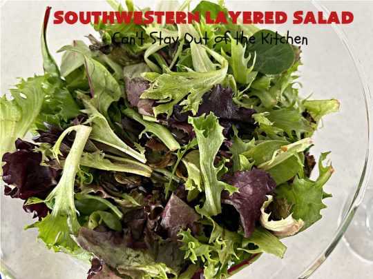 Southwestern Layered Salad | Can't Stay Out of the Kitchen | this scrumptious #LayeredSalad is perfect for company or a crowd since it makes a lot! If you enjoy #TexMex flavor in your #salad or a #TacoSalad this #salad will be right up your alley. The #Southwestern flavors are marvelous & the heartiness of two types of #beans & #corn make this a #MainDishSalad that can't be beat! #bacon #tomatoes #CheddarCheese #Fritos #olives #RanchDressing #FritosCornChips #avocados #pork #SouthwesternLayeredSalad #GlutenFree