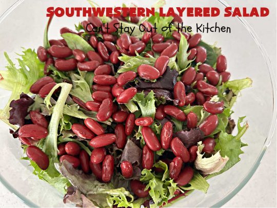 Southwestern Layered Salad | Can't Stay Out of the Kitchen | this scrumptious #LayeredSalad is perfect for company or a crowd since it makes a lot! If you enjoy #TexMex flavor in your #salad or a #TacoSalad this #salad will be right up your alley. The #Southwestern flavors are marvelous & the heartiness of two types of #beans & #corn make this a #MainDishSalad that can't be beat! #bacon #tomatoes #CheddarCheese #Fritos #olives #RanchDressing #FritosCornChips #avocados #pork #SouthwesternLayeredSalad #GlutenFree