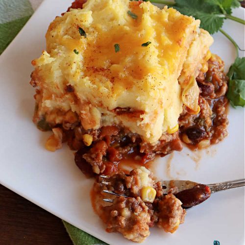 Southwestern Shepherd's Pie | Can't Stay Out of the Kitchen | this #Southwestern version of #ShepherdsPie is phenomenal! Every bite will rock your world. The #cheesy #MashedPotato topping is wonderful too. Great for company dinners or potlucks since it makes a lot. Make in the #SlowCooker or bake in the oven. #TexMex #beef #ItalianSausage #SouthwesternShepherdsPie #GlutenFree