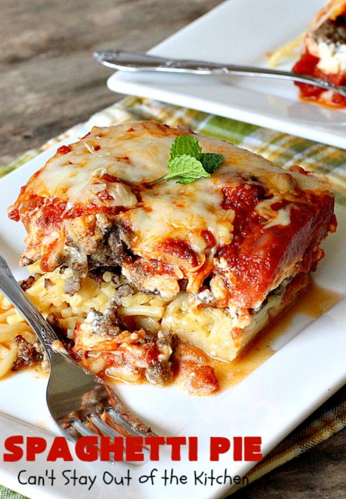Spaghetti Pie | Can't Stay Out of the Kitchen | this kid-friendly #pasta #recipe has been a family favorite for years. This version uses a "crust" of #spaghetti, eggs, butter & #parmesancheese. It's topped with #groundbeef, then #Ricottacheese, then #mozzarella #cheese. Terrific for company since it makes a lot! You can also make this for #MeatlessMondays by eliminating the ground #beef. #noodles