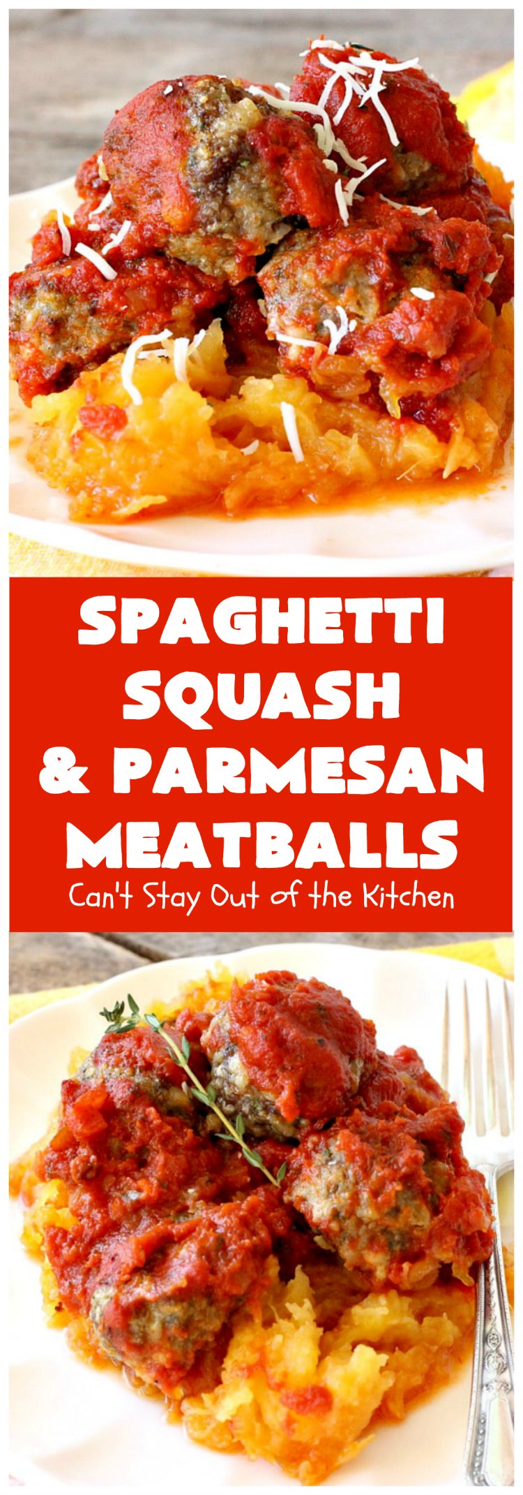 Spaghetti Squash and Parmesan Meatballs | Can't Stay Out of the Kitchen | fantastic #healthy & #LowCalorie #casserole with #SpaghettisSquash instead of pasta. Uses #spaghetti sauce & homemade #GlutenFree #meatballs with #ParmesanCheese. Easy & delicious. #beef #GroundBeef #SpaghettiSquashAndParmesanMeatballs