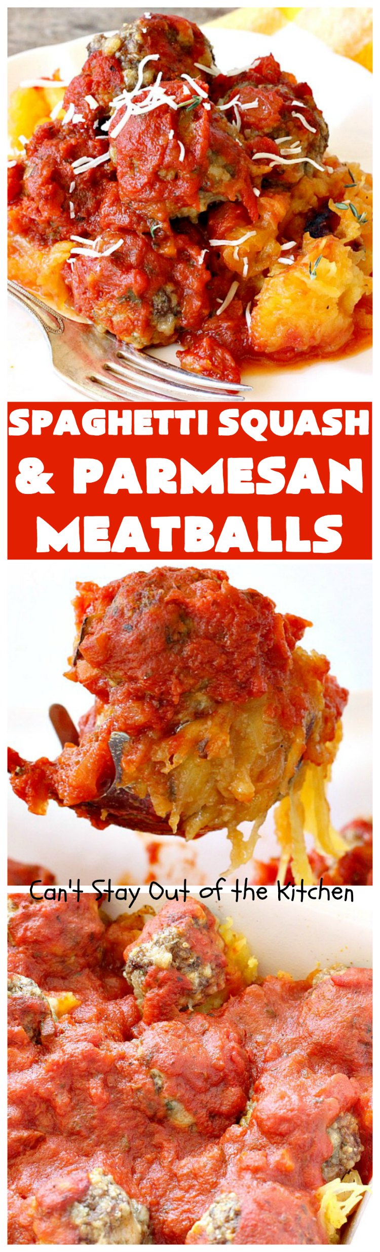 Spaghetti Squash and Parmesan Meatballs | Can't Stay Out of the Kitchen | fantastic healthy & low calorie #casserole with #spaghettisquash, #spaghetti sauce & homemade #glutenfree #meatballs with #parmesan cheese. Easy & delicious. #beef
