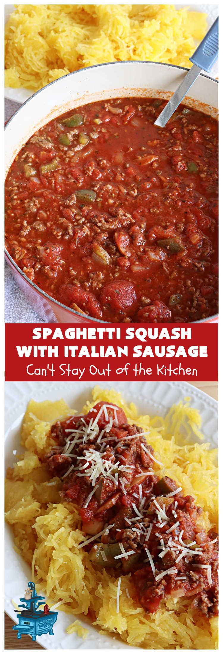 Spaghetti Squash with Italian Sausage | Can't Stay Out of the Kitchen | this delicious entree is terrific for those looking for tasty #LowCalorie meals. #SpaghettiSquash is substituted for regular #pasta in this #healthy version of a family favorite. Delicious way to enjoy #spaghetti but without all the #calories & #carbs. #ItalianSausage #GroundBeef #tomatoes #GlutenFree #SpaghettiSquashWithItalianSausage