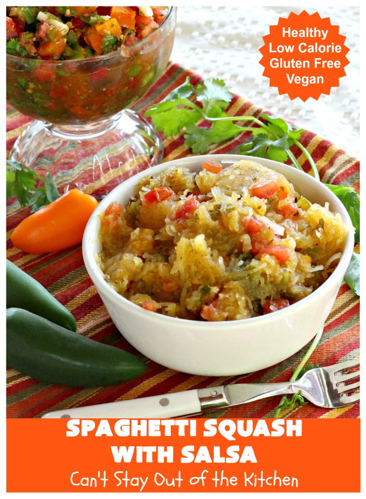 Spaghetti Squash with Salsa | Can't Stay Out of the Kitchen | fantastic #recipe that's marvelous for #MeatlessMondays or as a #SideDish. #Healthy #Vegan #GlutenFree #LowCalorie #Salsa #PicoDeGallo #TexMex #SpaghettiSquash #SpaghettiSquashWithSalsa