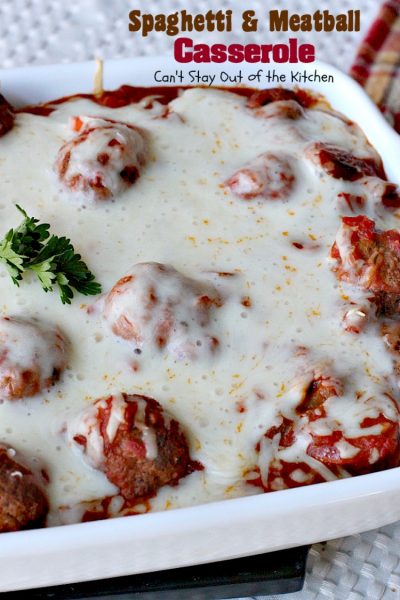 Spaghetti and Meatball Casserole | Can't Stay Out of the Kitchen | traditional #spaghetti and #meatballs but in #casserole form. This amazing entree is made with #glutenfree #pasta.