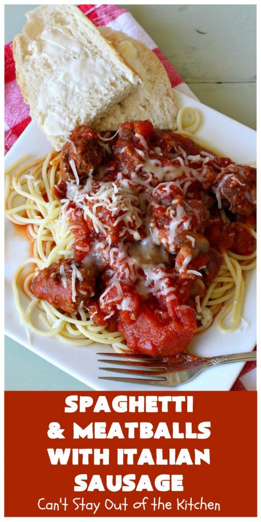 Spaghetti and Meatballs With Italian Sausage | Can't Stay Out of the Kitchen | amazing comfort food #recipe with both #beef #meatballs and #ItalianSausage. Hearty, filling & satisfying. #pork #GroundBeef #spaghetti #SpaghettiAndMeatballs #Italian #SpaghettiAndMeatballsWithItalianSausage