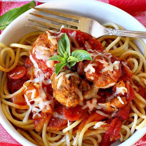 Spaghetti and Meatballs in Pepperoni Sauce | Can't Stay Out of the Kitchen | this fabulous #spaghetti entree is an awesome #JamieDeen #recipe. This one includes #beef in the #meatballs, #Italian #sausage & #pepperoni in the sauce. Absolutely mouthwatering! Our company loved it! #pasta #noodles #spaghettiandmeatballs