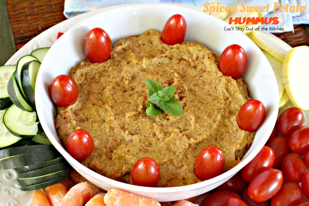 Spiced Sweet Potato Hummus | Can't Stay Out of the Kitchen | this fabulous #appetizer spices up #sweetpotatoes & #garbanzobeans and tastes amazing. #glutenfree #vegan