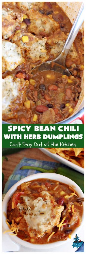 Spicy Bean Chili with Herb Dumplings – Can't Stay Out of the Kitchen