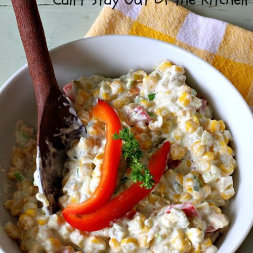 Spicy Creamed Corn | Can't Stay Out of the Kitchen | this super easy 5-ingredient #recipe is terrific for weeknight dinners since it can be whipped up in about 10 minutes. Great for #holiday dinners too. #corn #DicedGreenChilies #CreamCheese #SideDish #GlutenFree #GlutenFreeSideDish #SpicyCreamedCorn
