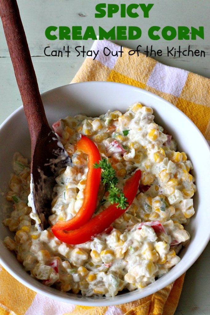 Spicy Creamed Corn | Can't Stay Out of the Kitchen | this super easy 5-ingredient #recipe is terrific for weeknight dinners since it can be whipped up in about 10 minutes. Great for #holiday dinners too. #corn #DicedGreenChilies #CreamCheese #SideDish #GlutenFree #GlutenFreeSideDish #SpicyCreamedCorn