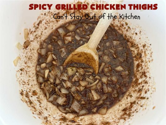 Spicy Grilled Chicken Thighs | Can't Stay Out of the Kitchen | this easy #GrilledChicken #recipe is marinated overnight & then grilled the next day. The #marinade is easy to whip up & #GlutenFree. Great #chicken #entree for grilling out with friends or any #BackyardBBQ. #SpicyGrilledChicken #SpicyGrilledChickenThighs