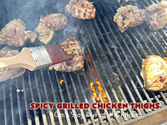 Spicy Grilled Chicken Thighs | Can't Stay Out of the Kitchen | this easy #GrilledChicken #recipe is marinated overnight & then grilled the next day. The #marinade is easy to whip up & #GlutenFree. Great #chicken #entree for grilling out with friends or any #BackyardBBQ. #SpicyGrilledChicken #SpicyGrilledChickenThighs