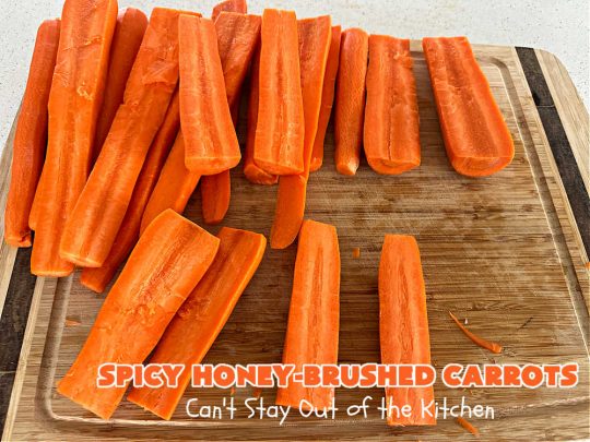 Spicy Honey-Brushed Carrots | Can't Stay Out of the Kitchen | this delicious way to serve #carrots is absolutely mouthwatering & irresistible. The #vegetable is seasoned well with spices and baked. Then a #honey and #AppleCiderVinegar mixture is brushed on top and baked again. Amazing #SideDish for weeknight, company or #holiday dinners. #GlutenFree #vegan #healthy #SpicyHoneyBrushedCarrots