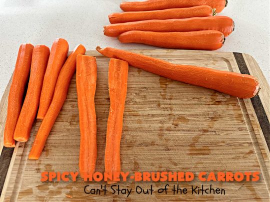 Spicy Honey-Brushed Carrots | Can't Stay Out of the Kitchen | this delicious way to serve #carrots is absolutely mouthwatering & irresistible. The #vegetable is seasoned well with spices and baked. Then a #honey and #AppleCiderVinegar mixture is brushed on top and baked again. Amazing #SideDish for weeknight, company or #holiday dinners. #GlutenFree #vegan #healthy #SpicyHoneyBrushedCarrots