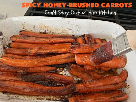 Spicy Honey-Brushed Carrots | Can't Stay Out of the Kitchen | this delicious way to serve #carrots is absolutely mouthwatering & irresistible. The #vegetable is seasoned well with spices and baked. Then a #honey and #AppleCiderVinegar mixture is brushed on top and baked again. Amazing #SideDish for weeknight, company or #holiday dinners. #GlutenFree #vegan #healthy #SpicyHoneyBrushedCarrots