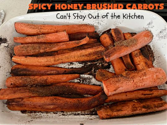 Spicy Honey-Brushed Carrots | Can't Stay Out of the Kitchen | this delicious way to serve #carrots is absolutely mouthwatering & irresistible. The #vegetable is seasoned well with spices and baked. Then a #honey and #AppleCiderVinegar mixture is brushed on top and baked again. Amazing #SideDish for weeknight, company or #holiday dinners. #GlutenFree #vegan #healthy #SpicyHoneyBrushedCarrots