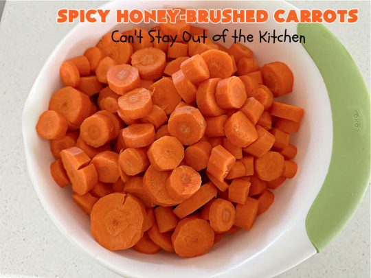 Spicy Honey-Brushed Carrots | Can't Stay Out of the Kitchen | this delicious way to serve #carrots is absolutely mouthwatering & irresistible. The #vegetable is seasoned well with spices and baked. Then a #honey and #AppleCiderVinegar mixture is brushed on top and baked again. Amazing #SideDish for weeknight, company or #holiday dinners. #GlutenFree #vegan #healthy #SpicyHoneyBrushedCarrots