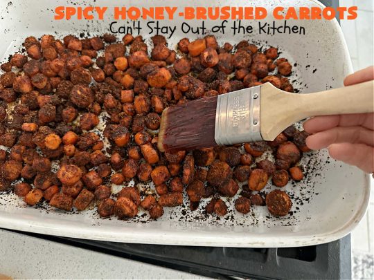 Spicy Honey-Brushed Carrots | Can't Stay Out of the Kitchen | this delicious way to serve #carrots is absolutely mouthwatering & irresistible. The #vegetable is seasoned well with spices and baked. Then a #honey and #AppleCiderVinegar mixture is brushed on top and baked again. Amazing #SideDish for weeknight, company or #holiday dinners. #GlutenFree #vegan #healthy #SpicyHoneyBrushedCarrots