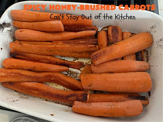 Spicy Honey-Brushed Carrots | Can't Stay Out of the Kitchen | this delicious way to serve #carrots is absolutely mouthwatering & irresistible. The #vegetable is seasoned well with spices and baked. Then a #honey and #AppleCiderVinegar mixture is brushed on top and baked again. Amazing #SideDish for weeknight, company or #holiday dinners. #GlutenFree #vegan #healthy #SpicyHoneyBrushedCarrots