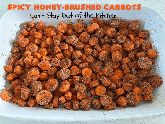 Spicy Honey-Brushed Carrots | Can't Stay Out of the Kitchen | this delicious way to serve #carrots is absolutely mouthwatering & irresistible. The #vegetable is seasoned well with spices and baked. Then a #honey and #AppleCiderVinegar mixture is brushed on top and baked again. Amazing #SideDish for weeknight, company or #holiday dinners. #GlutenFree #vegan #healthy #SpicyHoneyBrushedCarrots