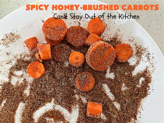 Spicy Honey-Brushed Carrots | Can't Stay Out of the Kitchen | this delicious way to serve #carrots is absolutely mouthwatering & irresistible. The #vegetable is seasoned well with spices and baked. Then a #honey and #AppleCiderVinegar mixture is brushed on top and baked again. Amazing #SideDish for weeknight, company or #holiday dinners. #GlutenFree #vegan #healthy #SpicyHoneyBrushedCarrots