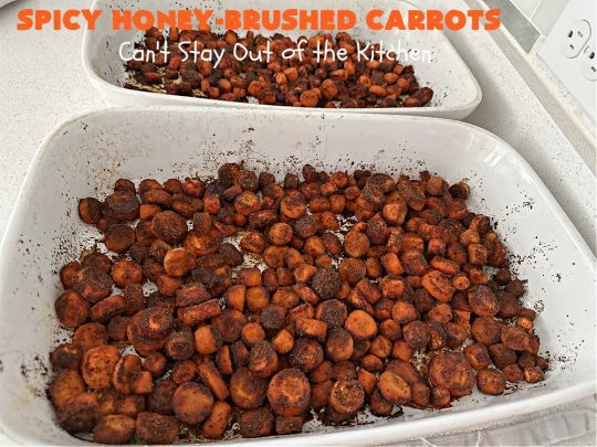 Spicy Honey-Brushed Carrots | Can't Stay Out of the Kitchen | this delicious way to serve #carrots is absolutely mouthwatering & irresistible. The #vegetable is seasoned well with spices and baked. Then a #honey and #AppleCiderVinegar mixture is brushed on top and baked again. Amazing #SideDish for weeknight, company or #holiday dinners. #GlutenFree #vegan #healthy #SpicyHoneyBrushedCarrots