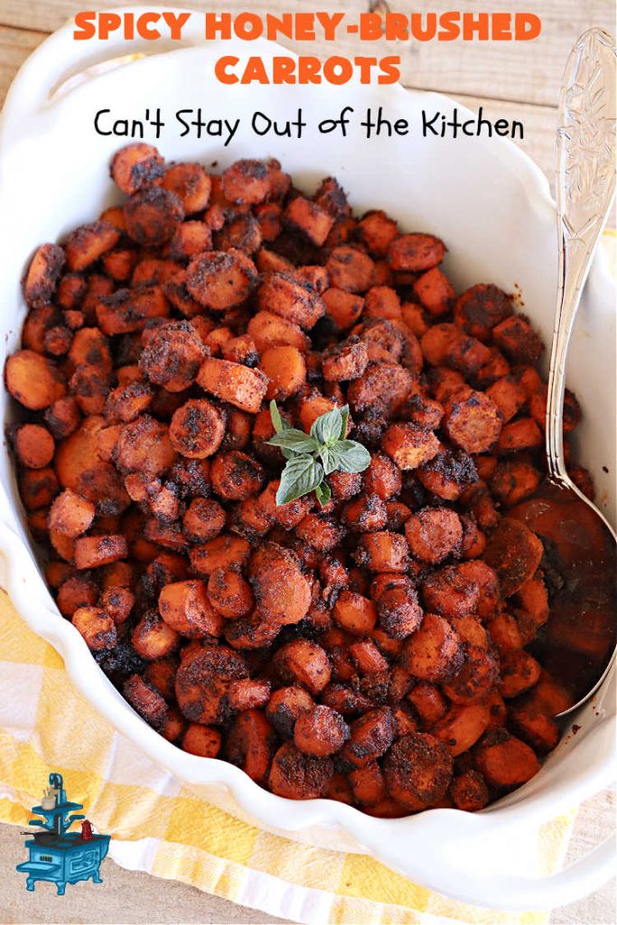 Spicy Honey-Brushed Carrots | Can't Stay Out of the Kitchen | this delicious way to serve #carrots is absolutely mouthwatering & irresistible. The #vegetable is seasoned well with spices and baked. Then a #honey and #AppleCiderVinegar mixture is brushed on top and baked again. Amazing #SideDish for weeknight, company or #holiday dinners. #GlutenFree #vegan #healthy #SpicyHoneyBrushedCarrots