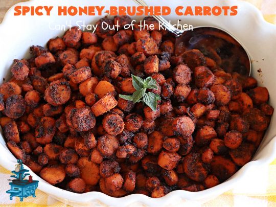 Spicy Honey-Brushed Carrots | Can't Stay Out of the Kitchen | this delicious way to serve #carrots is absolutely mouthwatering & irresistible. The #vegetable is seasoned well with spices and baked. Then a #honey and #AppleCiderVinegar mixture is brushed on top and baked again. Amazing #SideDish for weeknight, company or #holiday dinners. #GlutenFree #vegan #healthy #SpicyHoneyBrushedCarrots