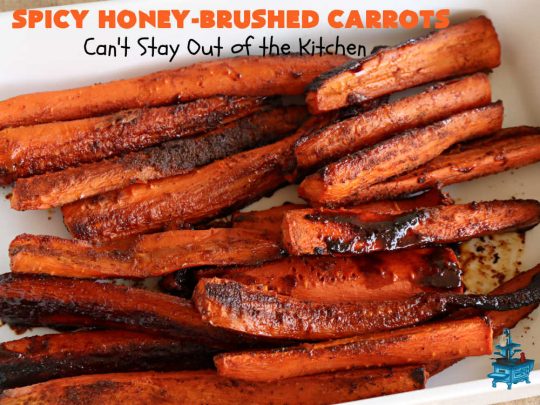 Spicy Honey-Brushed Carrots | Can't Stay Out of the Kitchen | this delicious way to serve #carrots is absolutely mouthwatering & irresistible. The #vegetable is seasoned well with spices and baked. Then a #honey and #AppleCiderVinegar mixture is brushed on top and baked again. Amazing #SideDish for weeknight, company or #holiday dinners. #GlutenFree #vegan #healthy #SpicyHoneyBrushedCarrots