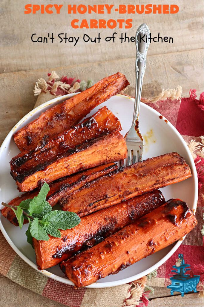 Spicy Honey-Brushed Carrots | Can't Stay Out of the Kitchen | this delicious way to serve #carrots is absolutely mouthwatering & irresistible. The #vegetable is seasoned well with spices and baked. Then a #honey and #AppleCiderVinegar mixture is brushed on top and baked again. Amazing #SideDish for weeknight, company or #holiday dinners. #GlutenFree #vegan #healthy #SpicyHoneyBrushedCarrots