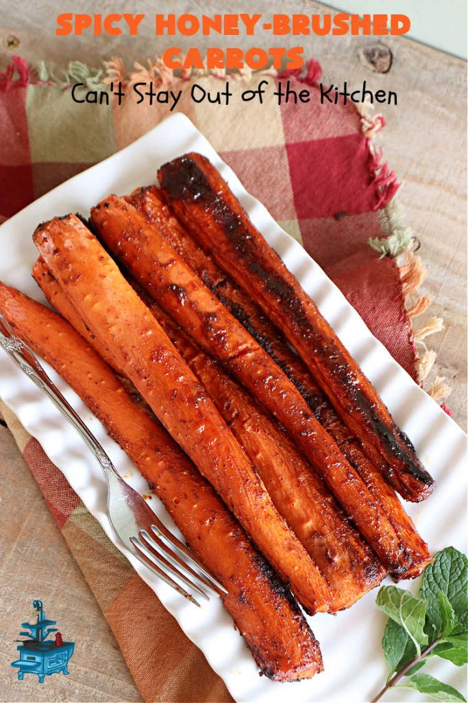 Spicy Honey-Brushed Carrots | Can't Stay Out of the Kitchen | this delicious way to serve #carrots is absolutely mouthwatering & irresistible. The #vegetable is seasoned well with spices and baked. Then a #honey and #AppleCiderVinegar mixture is brushed on top and baked again. Amazing #SideDish for weeknight, company or #holiday dinners. #GlutenFree #vegan #healthy #SpicyHoneyBrushedCarrots