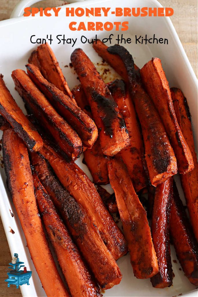 Spicy Honey-Brushed Carrots | Can't Stay Out of the Kitchen | this delicious way to serve #carrots is absolutely mouthwatering & irresistible. The #vegetable is seasoned well with spices and baked. Then a #honey and #AppleCiderVinegar mixture is brushed on top and baked again. Amazing #SideDish for weeknight, company or #holiday dinners. #GlutenFree #vegan #healthy #SpicyHoneyBrushedCarrots