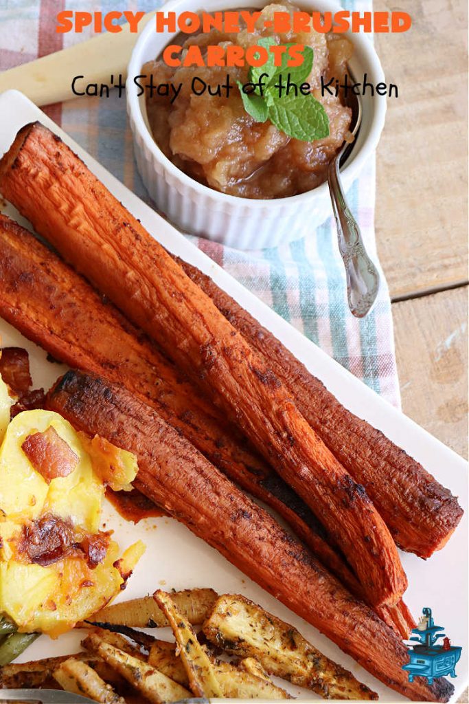 Spicy Honey-Brushed Carrots | Can't Stay Out of the Kitchen | this delicious way to serve #carrots is absolutely mouthwatering & irresistible. The #vegetable is seasoned well with spices and baked. Then a #honey and #AppleCiderVinegar mixture is brushed on top and baked again. Amazing #SideDish for weeknight, company or #holiday dinners. #GlutenFree #vegan #healthy #SpicyHoneyBrushedCarrots