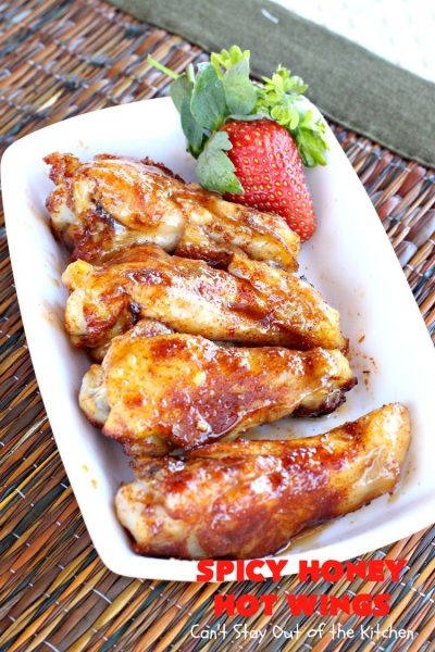 Spicy Honey Hot Wings | Can't Stay Out of the Kitchen | these #chicken #wings are awesome! They're a terrific #appetizer for #tailgating #NewYearsDay or #SuperBowl parties. #gluenfree