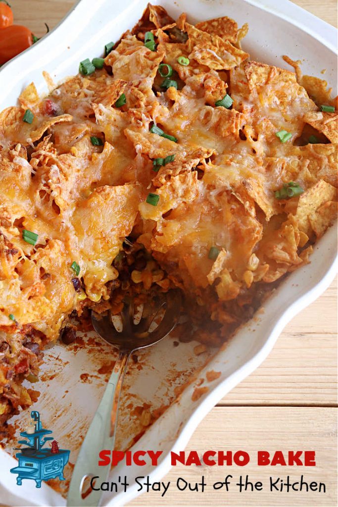 Spicy Nacho Bake | Can't Stay Out of the Kitchen | let this scrumptious #TexMex #entree captivate you with its delicious filling layered between layers of #NachoCheeseDoritos & #CheddarCheese. The filling includes #GroundBeef #corn #tomatoes, #TacoSeasoning, #ChiliBeans & #BlackBeans. This tasty #casserole can be whipped up & ready to serve in about an hour. #SpicyNachoBake