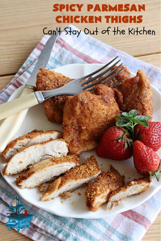 Spicy Parmesan Chicken Thighs | Can't Stay Out of the Kitchen | this #healthy #chicken #recipe is baked, NOT fried. It's marvelous for weeknight dinners because it's oven-ready in about 5 minutes. It's not overly spicy since the #ParmesanCheese mellows out the flavors. Great way to use #ChickenThighs too. #poultry #SpicyParmesanChickenThighs