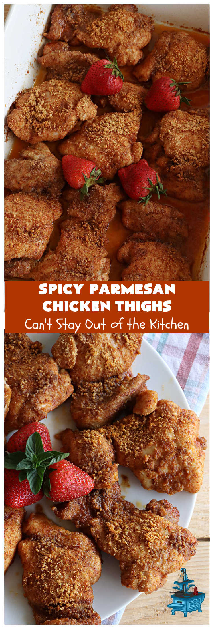 Spicy Parmesan Chicken Thighs | Can't Stay Out of the Kitchen | this #healthy #chicken #recipe is baked, NOT fried. It's marvelous for weeknight dinners because it's oven-ready in about 5 minutes. It's not overly spicy since the #ParmesanCheese mellows out the flavors. Great way to use #ChickenThighs too. #poultry #SpicyParmesanChickenThighs