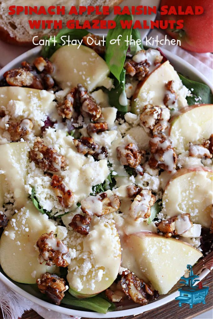 Spinach Apple Raisin Salad with Glazed Walnuts | Can't Stay Out of the Kitchen | this elegant & beautiful #salad looks like a lot of work but it can be whipped up in about 15 minutes--including the #SaladDressing! The flavors are wonderful together making it perfect for a company #salad or #holidays. Add #GrilledChicken or #GrilledSalmon for a main dish meal. #FetaCheese #raisins #apples #walnuts #TossedSalad #SpinachAppleRaisinSaladWithGlazedWalnuts