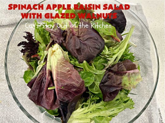 Spinach Apple Raisin Salad with Glazed Walnuts | Can't Stay Out of the Kitchen | this elegant & beautiful #salad looks like a lot of work but it can be whipped up in about 15 minutes--including the #SaladDressing! The flavors are wonderful together making it perfect for a company #salad or #holidays. Add #GrilledChicken or #GrilledSalmon for a main dish meal. #FetaCheese #raisins #apples #walnuts #TossedSalad #SpinachAppleRaisinSaladWithGlazedWalnuts