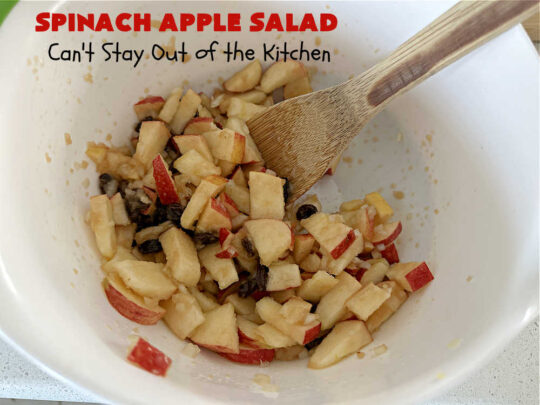 Spinach Apple Salad | Can't Stay Out of the Kitchen | the combination of flavors in this delicious #TossedSalad is wonderful. The #salad includes #apples, #spinach, #raisins & #VidaliaOnions in a tasty #applesauce #SaladDressing. It's easy to toss together at the last minute & pairs delightfully with any #MainDish. #healthy #LowCalorie #GlutenFree #vegan #SugarFree #SpinachApple Salad