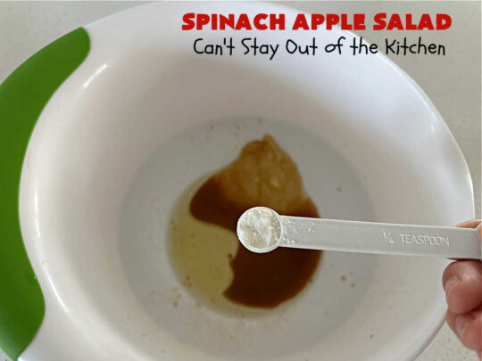 Spinach Apple Salad | Can't Stay Out of the Kitchen | the combination of flavors in this delicious #TossedSalad is wonderful. The #salad includes #apples, #spinach, #raisins & #VidaliaOnions in a tasty #applesauce #SaladDressing. It's easy to toss together at the last minute & pairs delightfully with any #MainDish. #healthy #LowCalorie #GlutenFree #vegan #SugarFree #SpinachApple Salad
