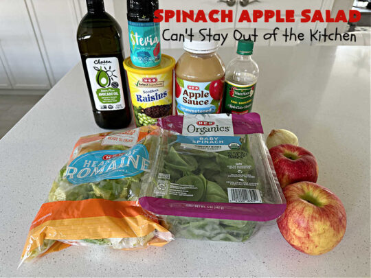 Spinach Apple Salad | Can't Stay Out of the Kitchen | the combination of flavors in this delicious #TossedSalad is wonderful. The #salad includes #apples, #spinach, #raisins & #VidaliaOnions in a tasty #applesauce #SaladDressing. It's easy to toss together at the last minute & pairs delightfully with any #MainDish. #healthy #LowCalorie #GlutenFree #vegan #SugarFree #SpinachApple Salad